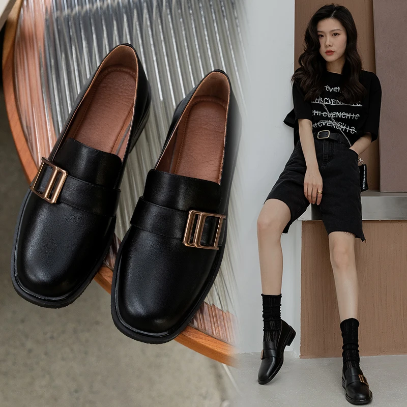 

2021 Hot sale pumps Women's shoes 22-25cm natural leather Square toe Women heels black shoes heels for women Casual loafers