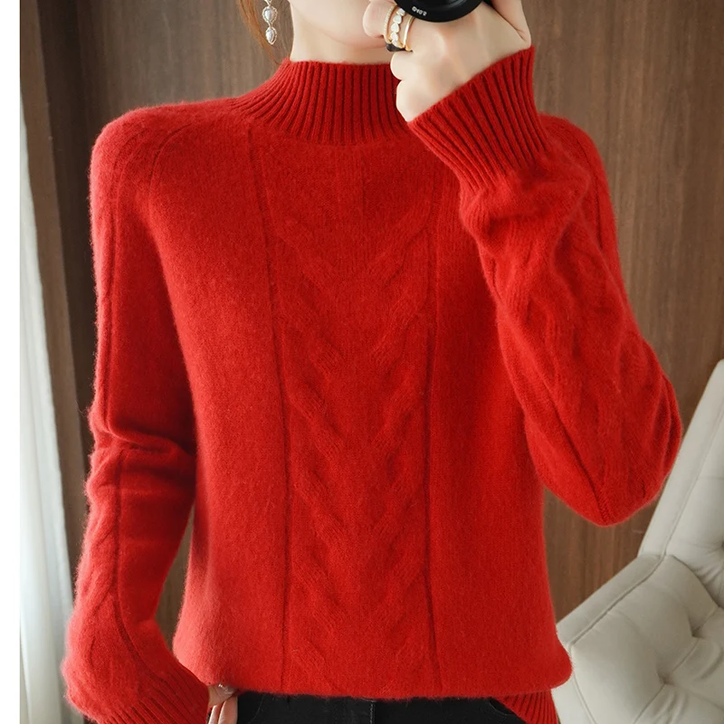 

Winter Women's Sweaters Thick Casual Half Turtleneck Long Sleeve Fit 100% Wool Knitted Female Pullover Top Clothes Jumper Blouse