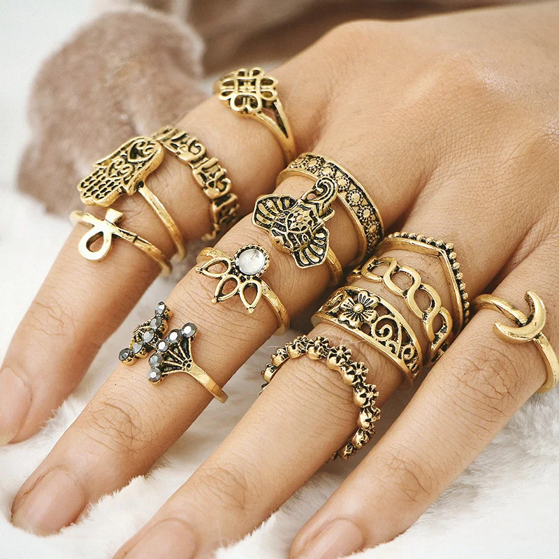 

13Pcs/Set Fatima Moon Carving Ring Knuckles Ring Bohemian Lady Ring