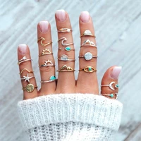 19pcsset retro blue turquoise ring set popular fashion bohemian gold silver color mix and match ring ladies jewelry