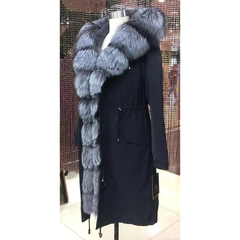 Женские зимние длинные парки, пальто, куртки из лисьего меха енота со съемным мехом кролика с капюшоном 18035 D103