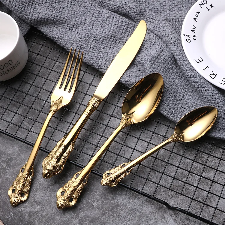 

Lingeafey Stainless Steel Cutlery Gold Silverware Kitchen Tableware Forks Knives Spoons Dinnerware Royal Reusable Cutlery Golden
