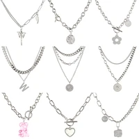 punk stainless steel necklace coin thick chain necklace heart pendant choker necklaces for women multi layer jewelry necklace