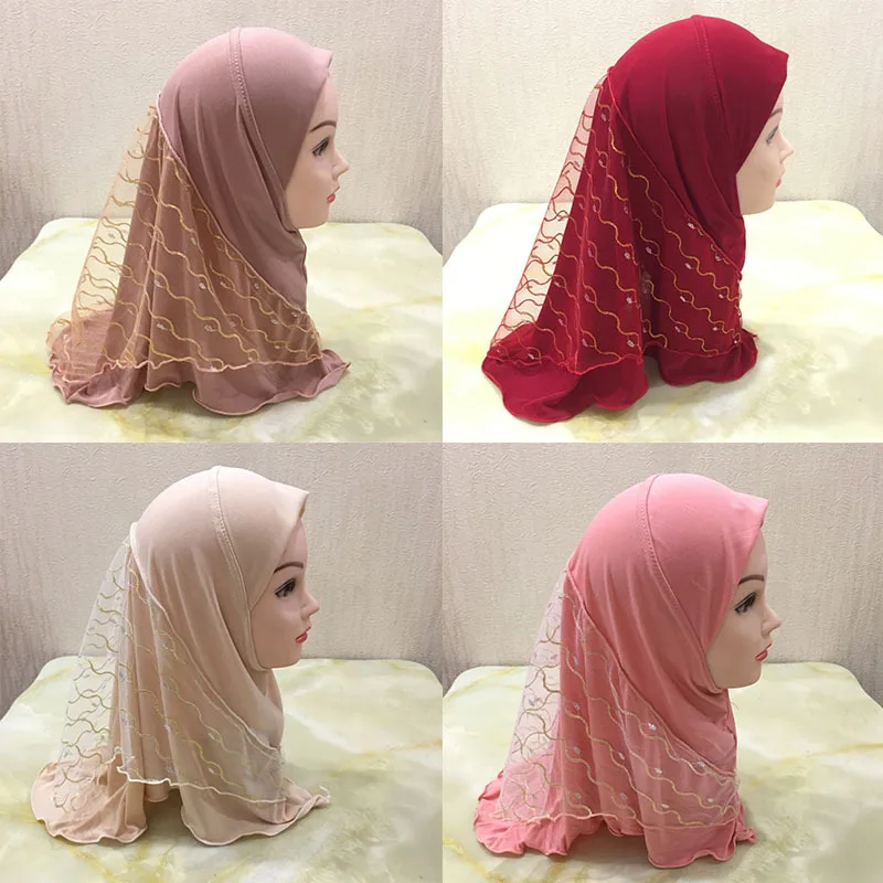 

Muslim Girls Kids Hijab Islamic Scarf Shawls Spliced Mesh Soft and Stretch Material for 2 to 7 years old Girls Wholesale