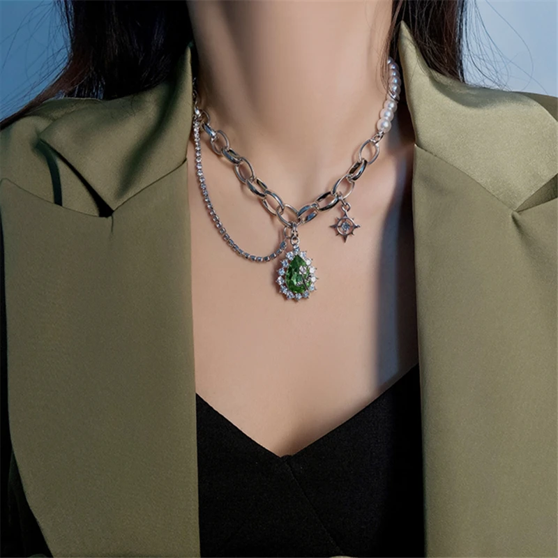 

MENGJIQIAO 2021 New Vintage Green Cystal Rose Necklace For Women Fashion Pearl MultilayerChain ChokerParty Jewelry Kolye Gifts