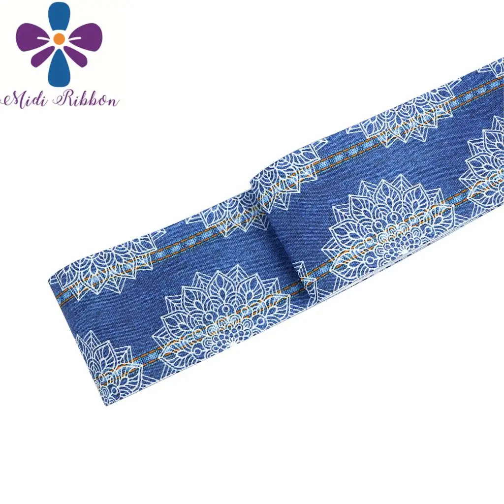 16mm-75mm Jeans Retro Flower Wave Printed Grosgrain/Foe Ribbon Denim Like DIY Hair Bowknots 50yards/roll | Дом и сад