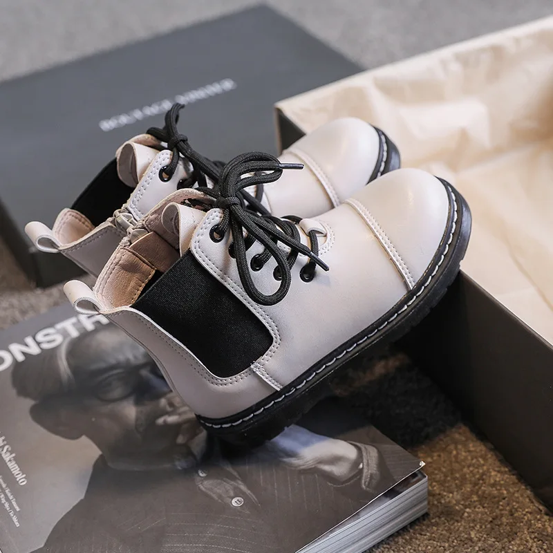 

New Spring Martin Boots Girls Boys Breathable Motorcycle Boots Children Shoes Student Ankle Lace-Up Baby Toddler Black White 03