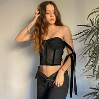 summer sexy mesh patchwork bandage tie up jacket casual womens spaghetti vest mesh v neck sling top black crop top beauty