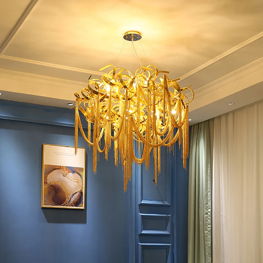 

Скандинавский дизайн, подвесные светильники с золотым блеском, инженерный дизайн, роскошная цепочка с кисточкой, светодиодная Подвесная ла...