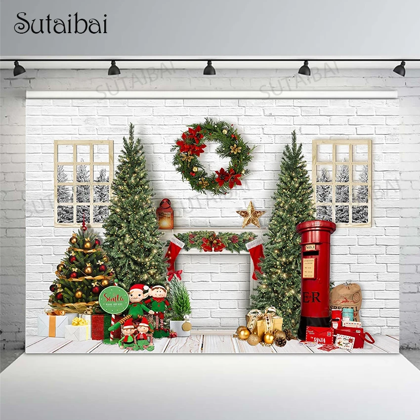 

Brick Wall Christmas Backdrop Photography Winter Xmas Trees Santa Window Background Fireplace Famliy Kids Portrait Photocall