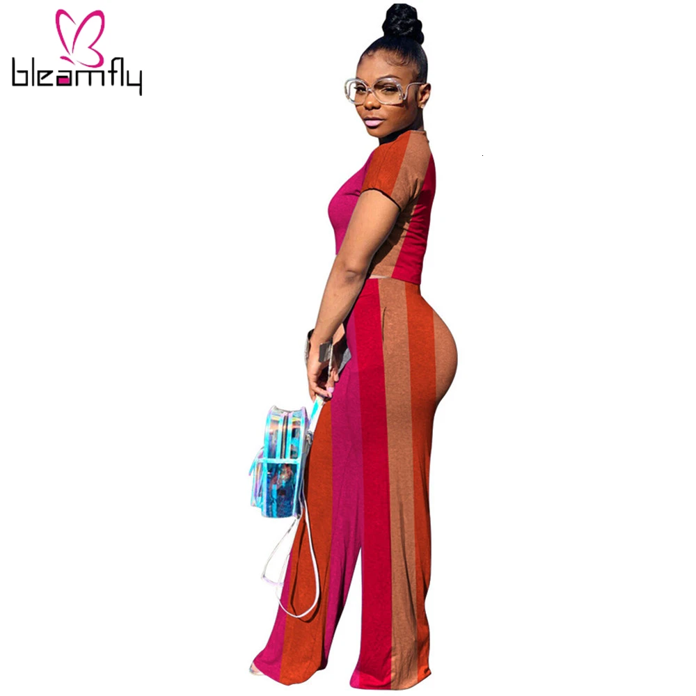 2019 женская летняя футболка в цветную полоску с коротким рукавом прямые брюки