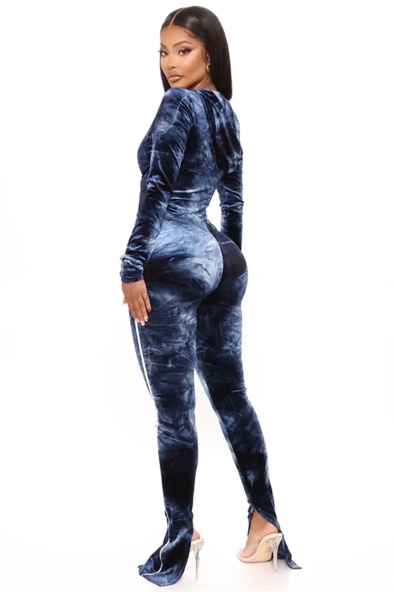 

CYGM Tie Dye Print Jumpsuit Women Skinny Bodycon Sexy Rompers Zipper Overalls Club Outfits Body Fitness Playsuit 2020