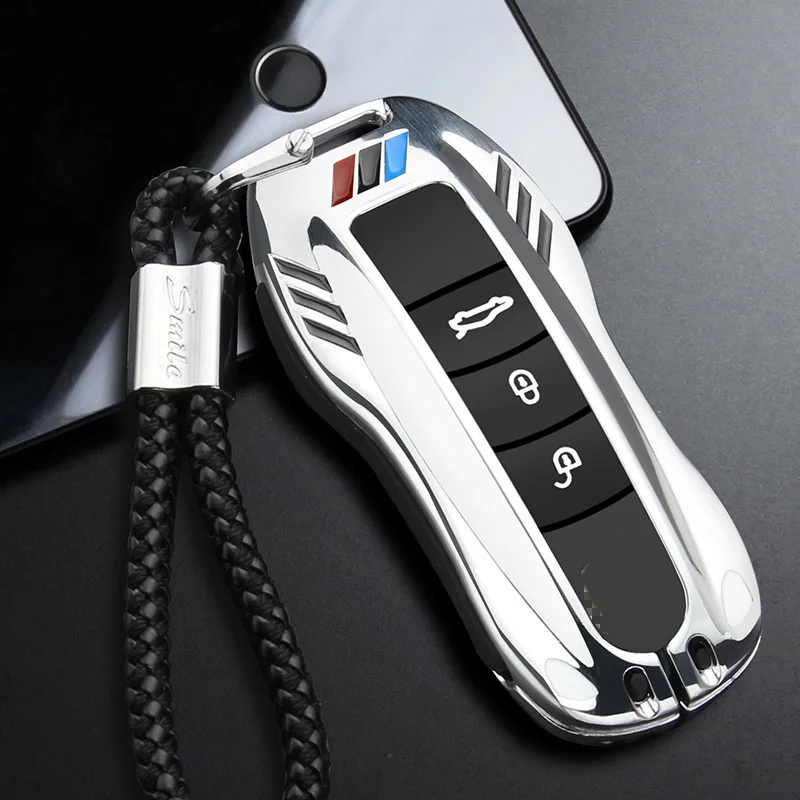 silver rope set Чехол для ключей автомобиля из цинкового сплава, чехол-брелок для Porsche Boxster Cayman 911, Panamera Cayenne Macan, подарок для мужчин с цепочкой для ключей - Название цвета: silver rope set