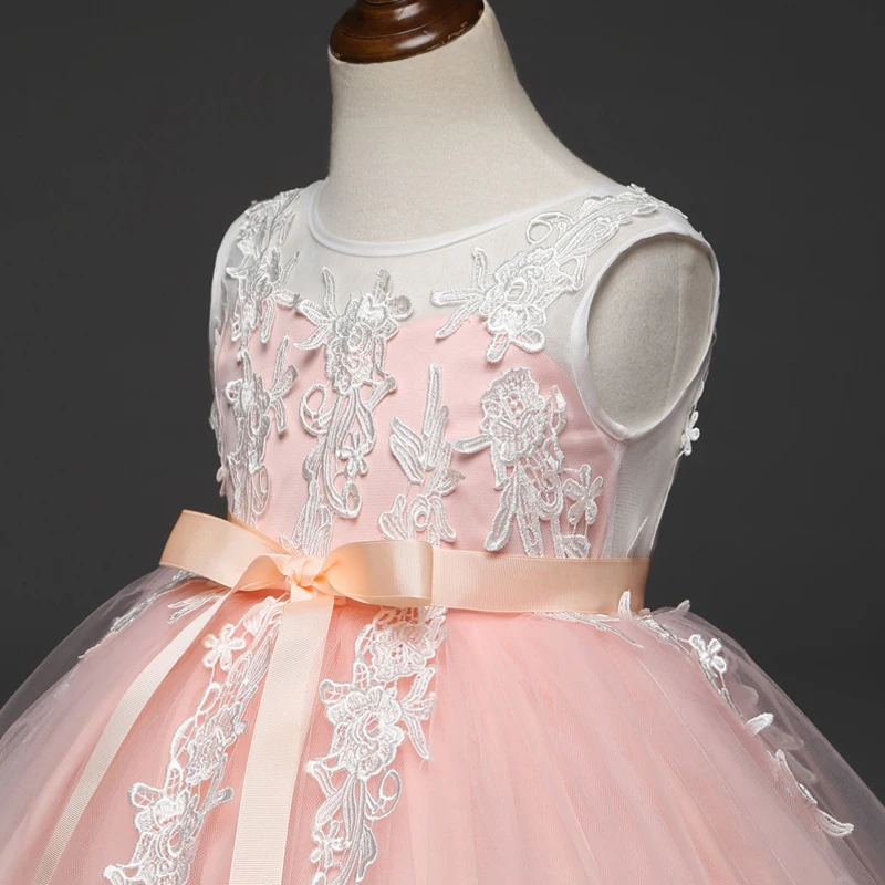 

New Arrival Kids Flower Girl Dresses Flora Embroidery Sleeveless Chiffon Girls Ball Gown Communion Dresses Vestidos