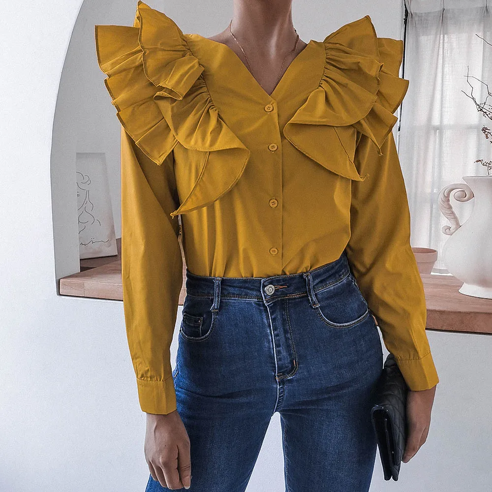 

Autumn White vintage shirt Blouses for women tops blouse with V neck ruffles casual white shirt tops Women's blouse clothing