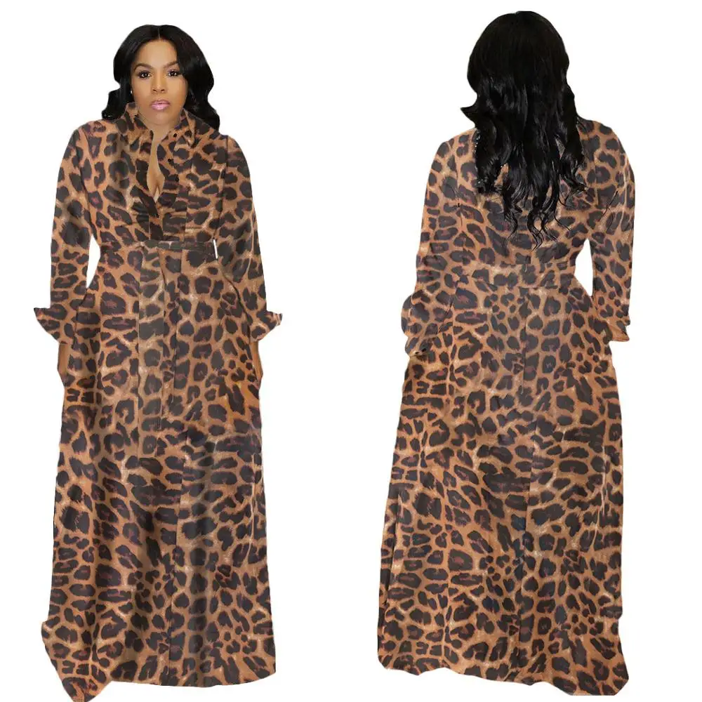 

Plus Size Women Leopard Printing Dress Lapel Neck Long Sleeve Drawstring Waist Loose Big Hem Lady Autumn Dresses For Streetwear
