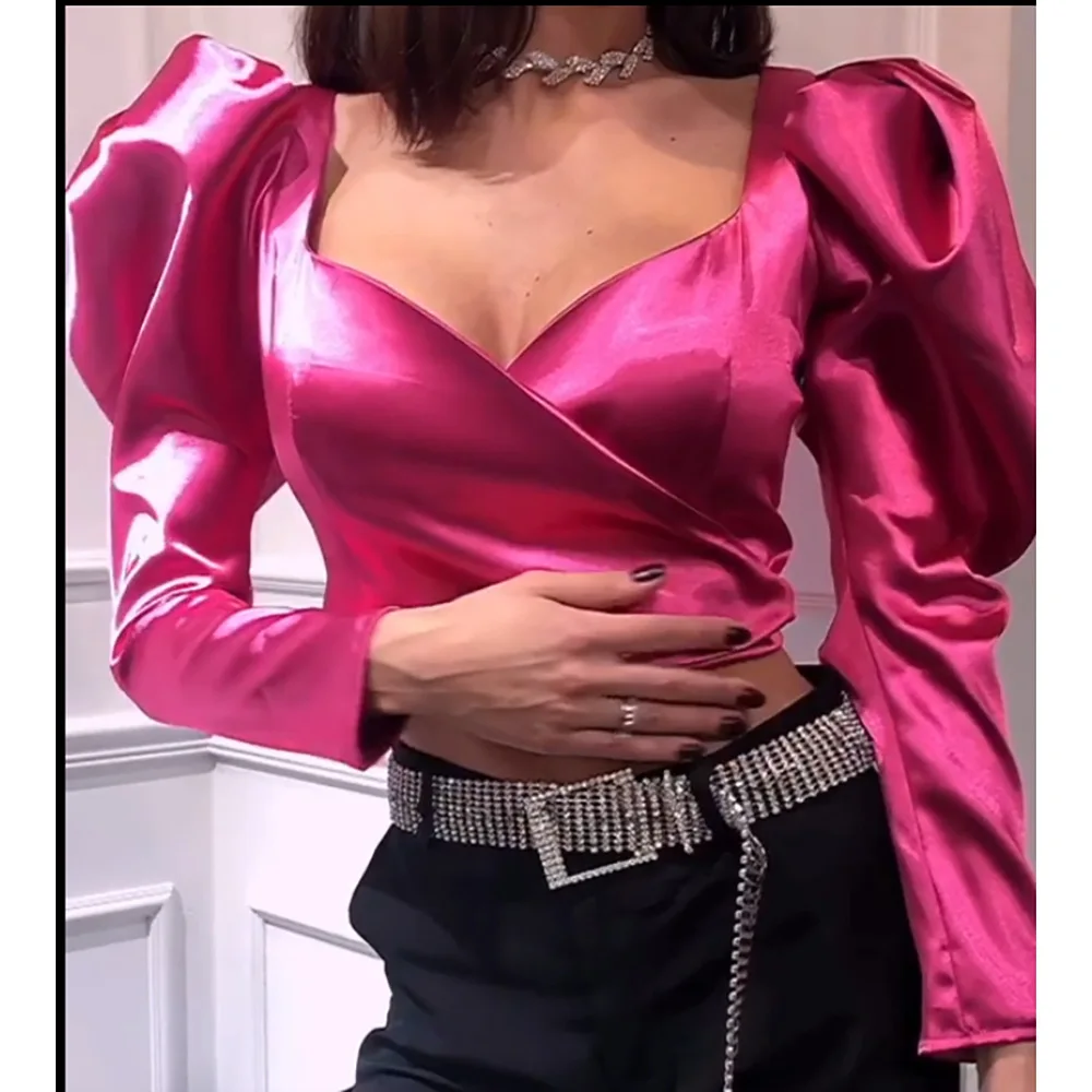 NEONBABIPINK винтажный Сексуальный Атласный укороченный топ с пышными рукавами 2020