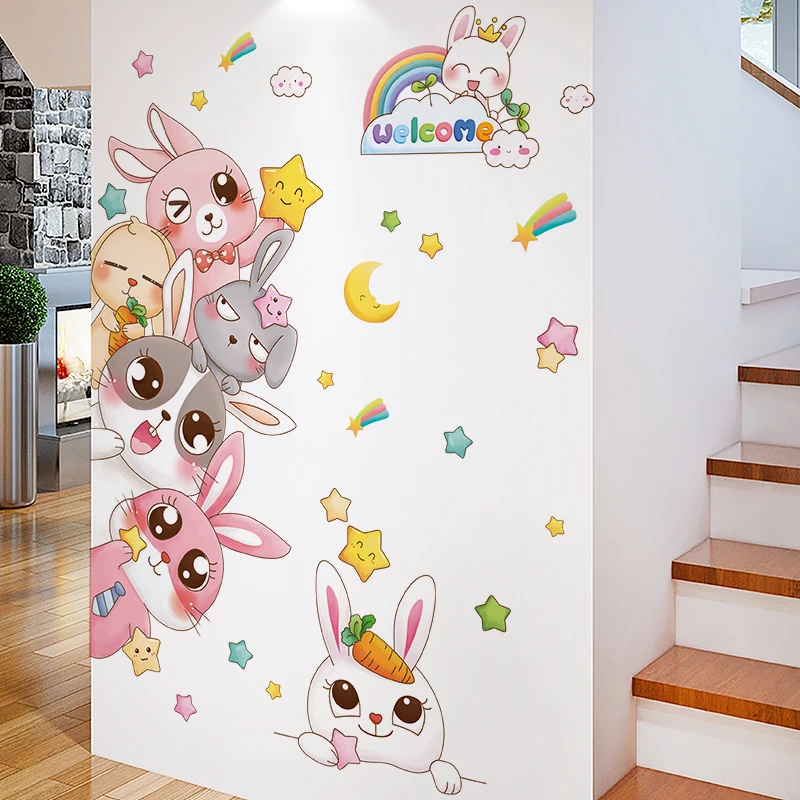 

[Shijuekongjian] настенные стикеры в виде кроликов с изображением животных, «сделай сам», звезды, кролик, роспись, наклейки для детской комнаты, спа...