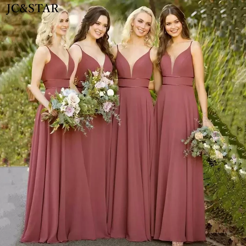 Bridesmaid Dresses Spaghetti Straps Chiffon Character V Neck Elegant Clothing Women For Wedding Party Dusty Rose Evening Gowns