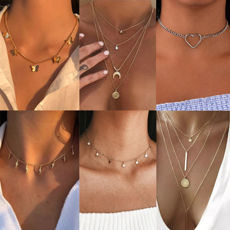 

Bohemian Cute Butterfly Choker Multilayer Necklace for Women Gold Silver Color Clavicle Chain Vintage Statement Chic Jewelry