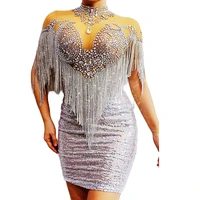 silver rhinestones fringe above knee dresses mesh gauze turtleneck dress ladies nightclub performance theatrical costume
