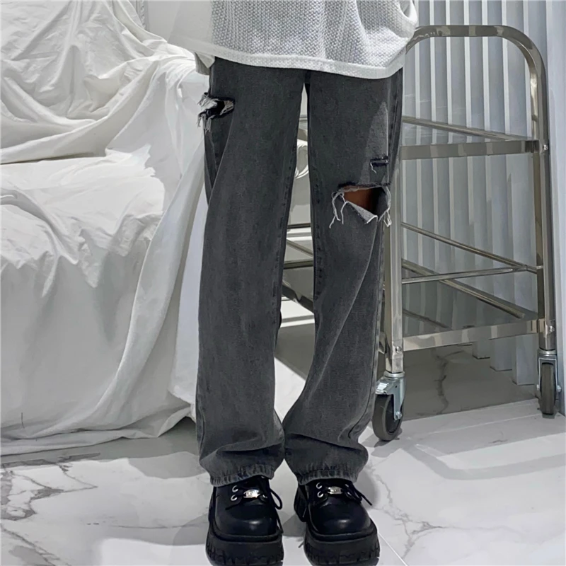 

Джинсы женские рваные с завышенной талией, винтажные прямые мешковатые брюки из денима, модные брюки из денима с широкими штанинами, уличная одежда, серого цвета, осень 2021