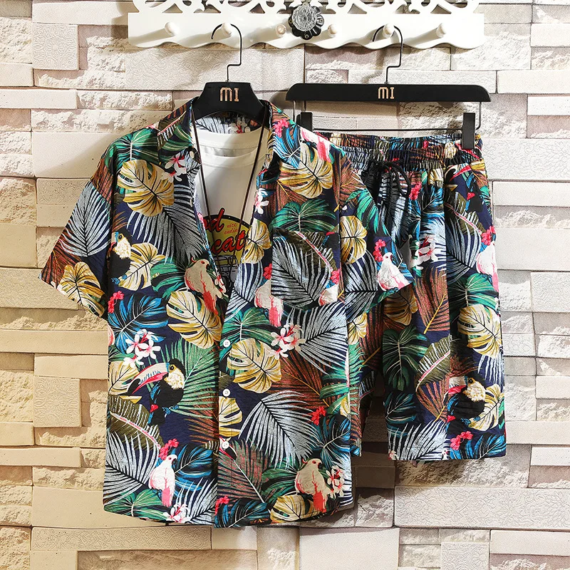 

2020 Summer Floral Printed Shirt and Short Set Men Hawaiian Style Beach 2 Pieces Set
