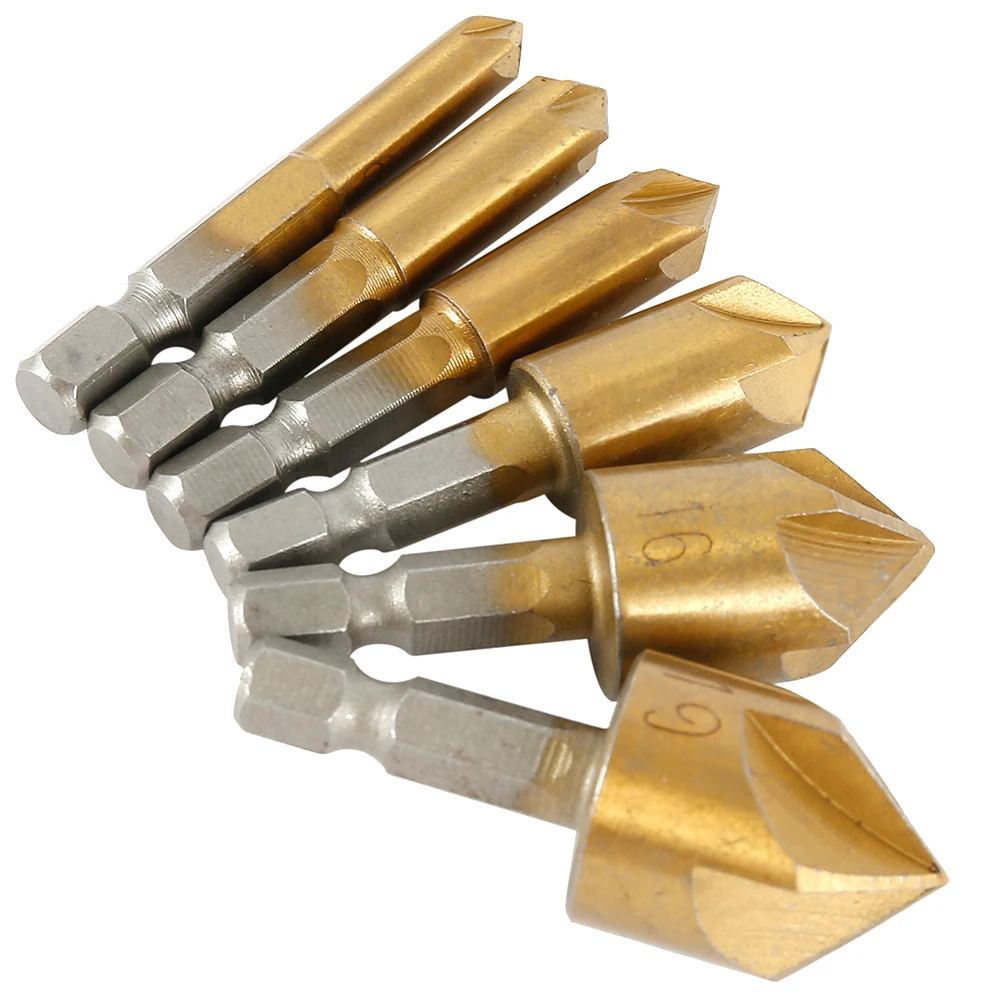 

6Pc Hexagonal Shank Titanium Coated 5 Flutes HSS Countersink Chamfer Drill Bit 1/4" Coated Woodworking Core Dril Bit Power Tool