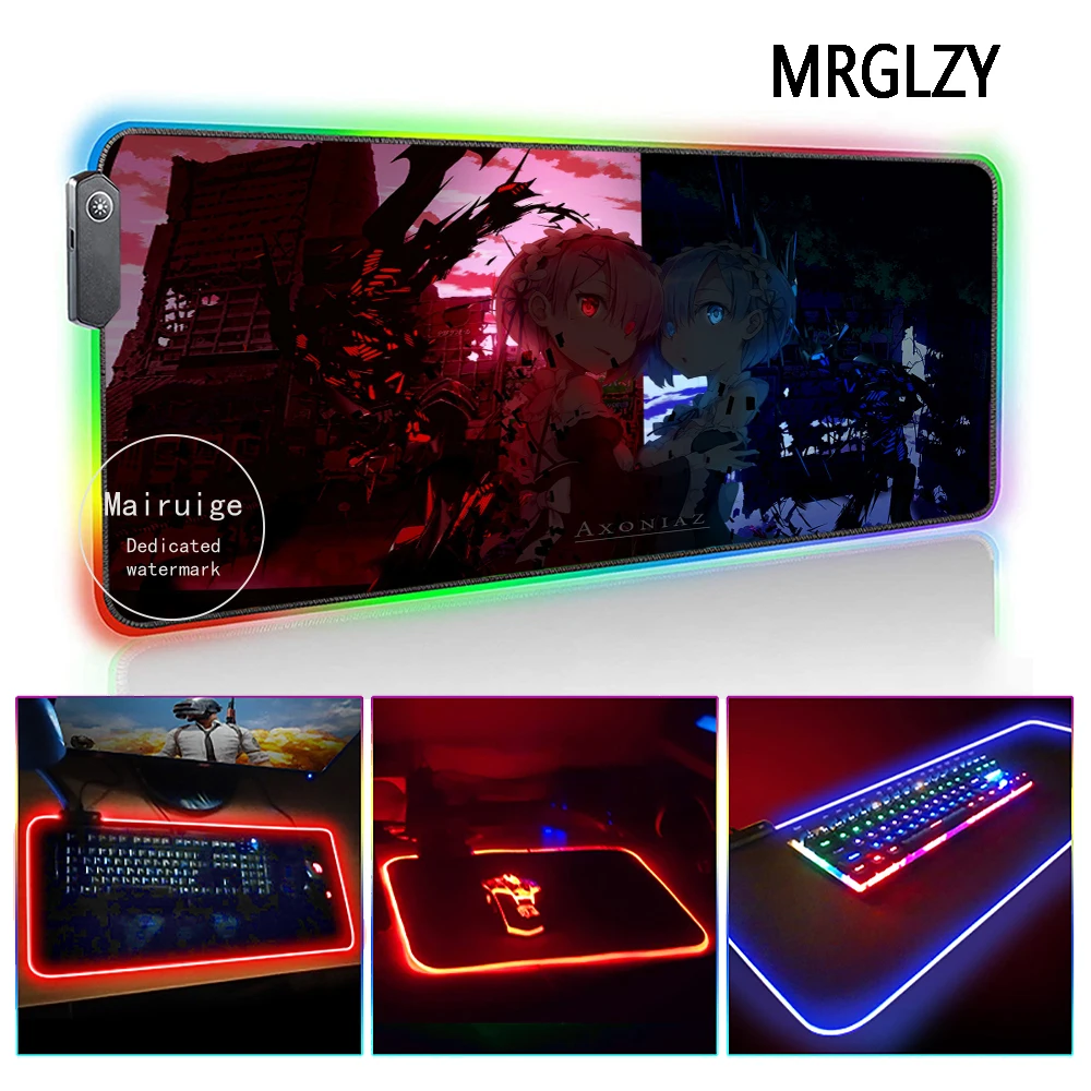 

MRGLZY Sexy Blue Short Hair Girl XXL LED Light RGB Gamer Gaming Accessories Large Anime RemMouse Pad DeskMat for Laptop Keyboard
