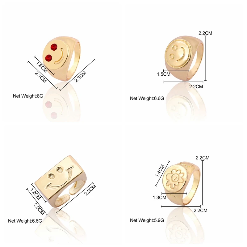 

Punk Crystal Happy Smiley Face Metal Chunky Ring For Women Flower Geometric Gold Silver Color Rings Hip Hop Vintage Jewelry Gift