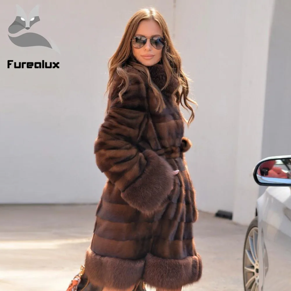 Женская Шуба из цельного меха Furealux теплая шуба натурального норки и манжеты