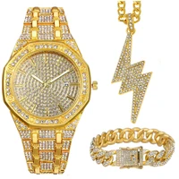 iced out watch necklace cuban bracelet for men 3pcs diamond watch men bling fashion jewelry gold watch lightning pendant relojes