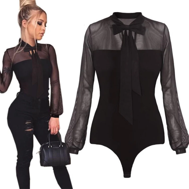 HENGSONG 2020 Women Bodysuit Sexy Bow Black Mock Neck Patchwork Long Sleeve Back Ladies Lace Mesh Bodysuit Transparent Tops