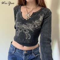 retro angel wings black crop top autumn grunge fairycore long sleeve pullovers tees women t shirt harajuku aesthetic clothes