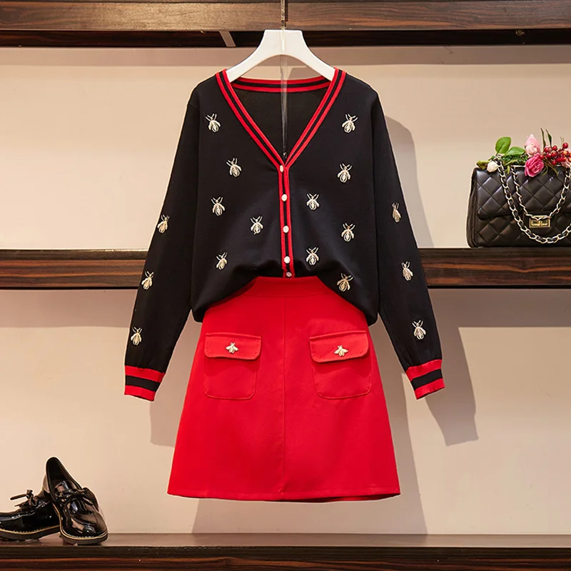 

Женский вязаный комплект из 2 предметов, Свободный кардиган и юбка, свитер с вышивкой и мини-юбка с высокой талией, комплект большого размера...