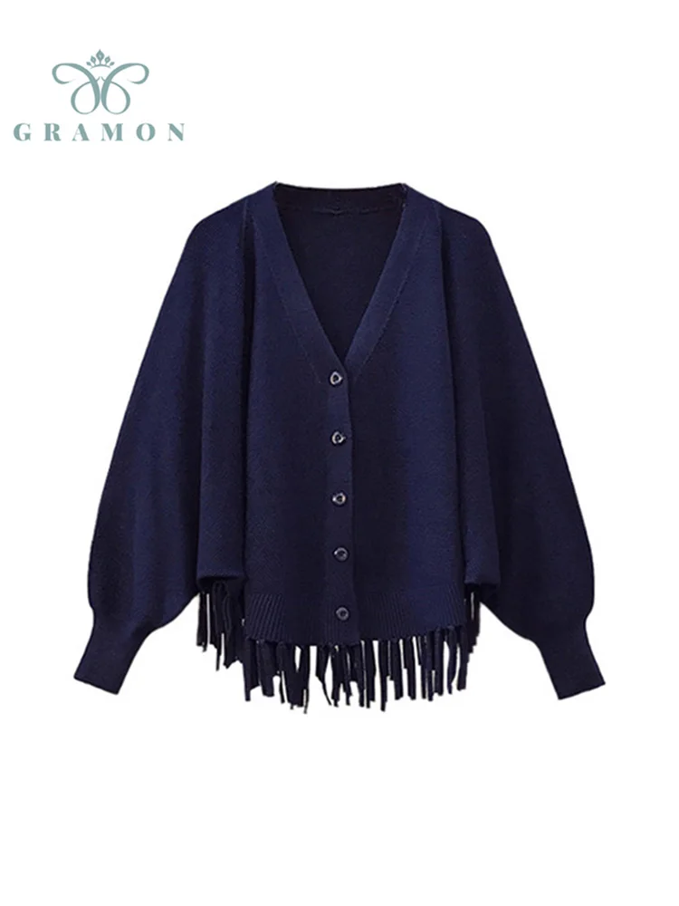 

Tassels Knitted Coats Fashion Ladies Sweater Cardigan Singles Breasted V Neck Loose Plus Size Clothes Autumn Fashion Women Tops