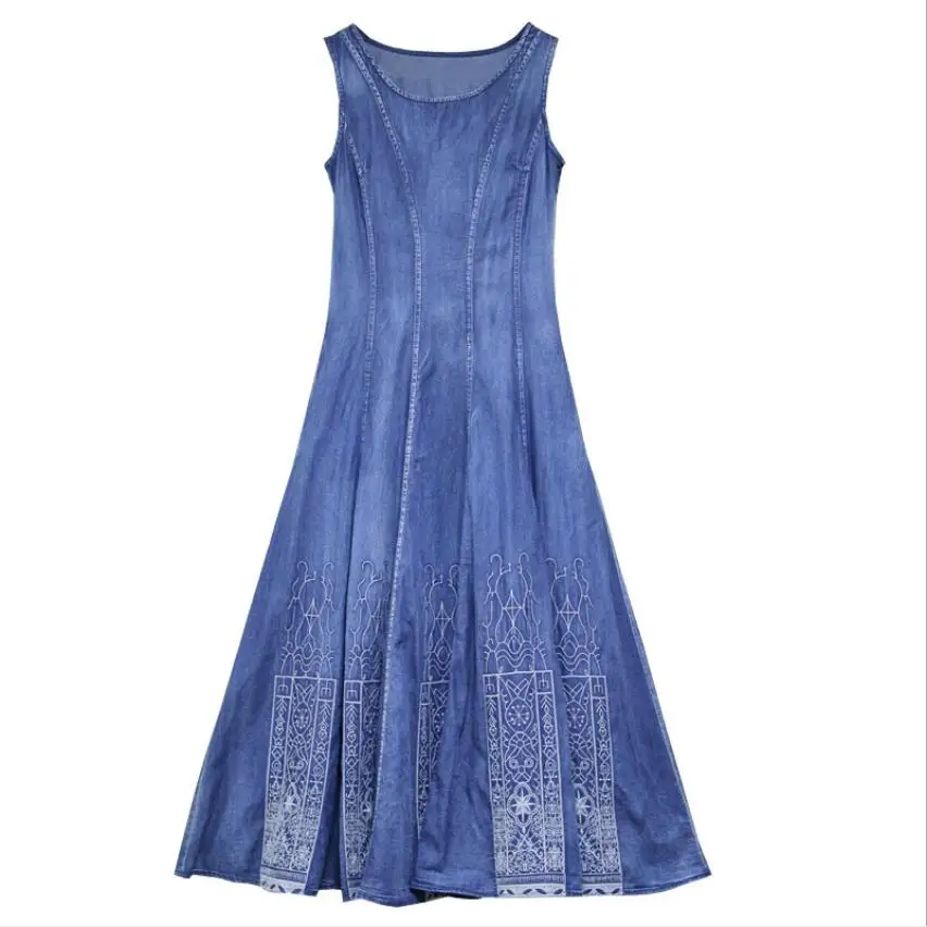 

Women's 2020 Summer New Round Neck Vest Dress Vintage Embroidery Denim Big Swing Fashion Casual Dress High Quality Vestidos