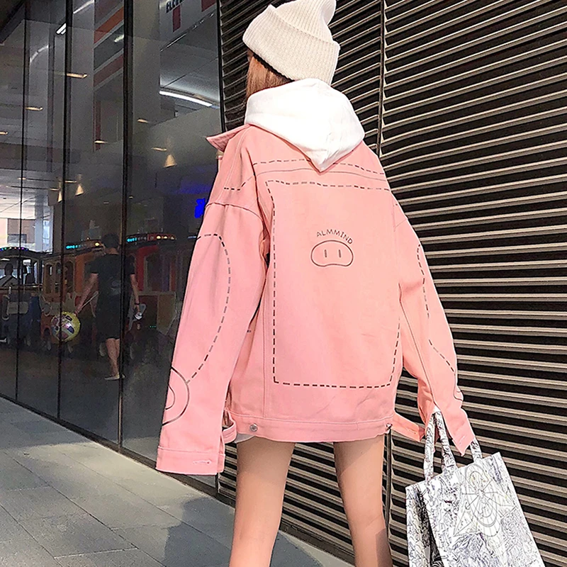 

Vintage Womens Pink Jeans Jacket 2021 Spring Autumn New Harajuku Printing Loose Female Bomber Denim Outerwear Casacas Para Mujer