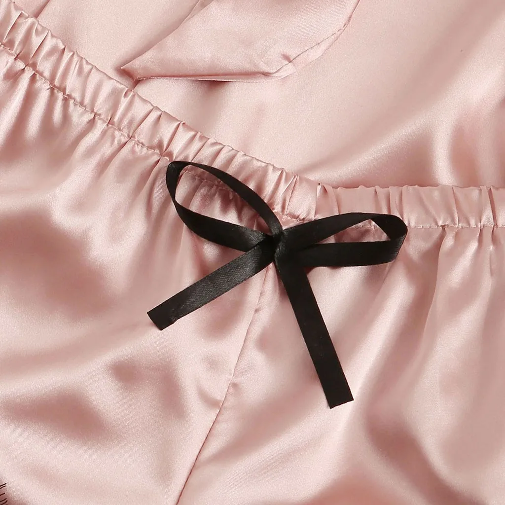 

4pc Women Black Lace Satin Bra Camisole Panties Pink Shorts Robe Pajamas Sleepwear Bandage Lingerie Set Nightwear Ft