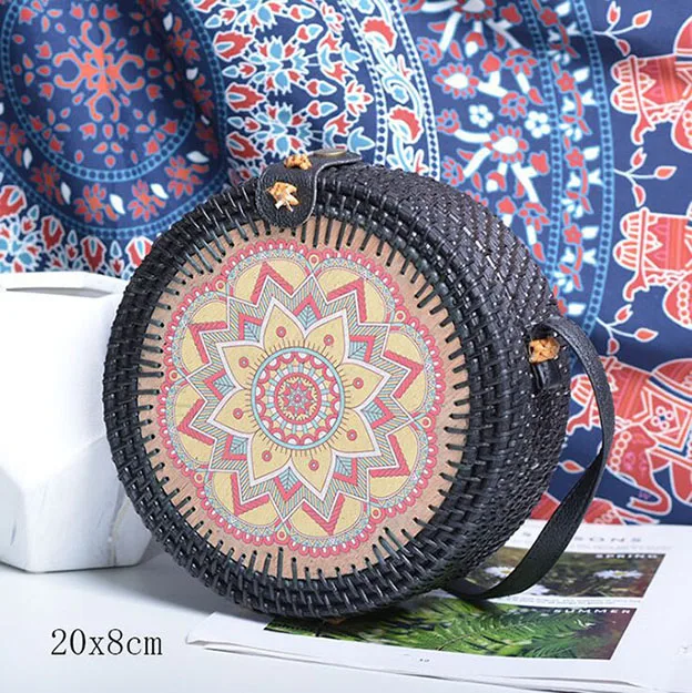 black G 20X8cm Солнечный пляж, ручные тканые сумки, круглая сумка с пряжкой, Ротанговые соломенные сумки, ранец, богемная пляжная круглая сумка - Цвет: black G 20X8cm