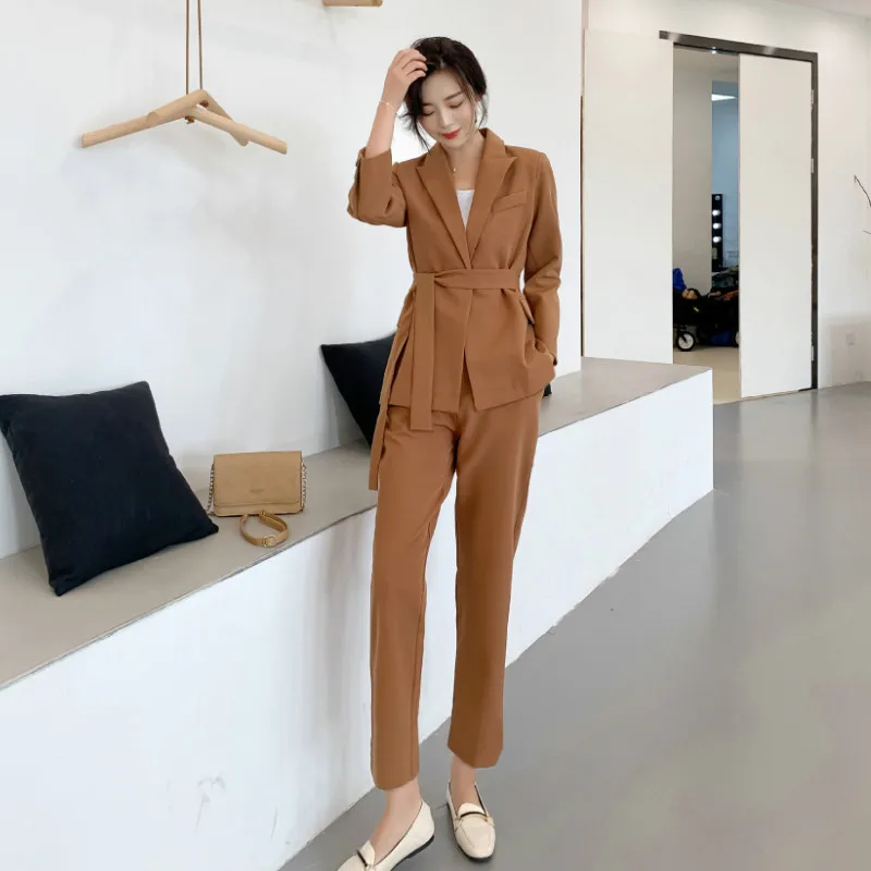 

Women's suit 2019 fashion elegant office lady work wear blazers jackets with belt & Trousers 2 Piece Sets New Pants suit women