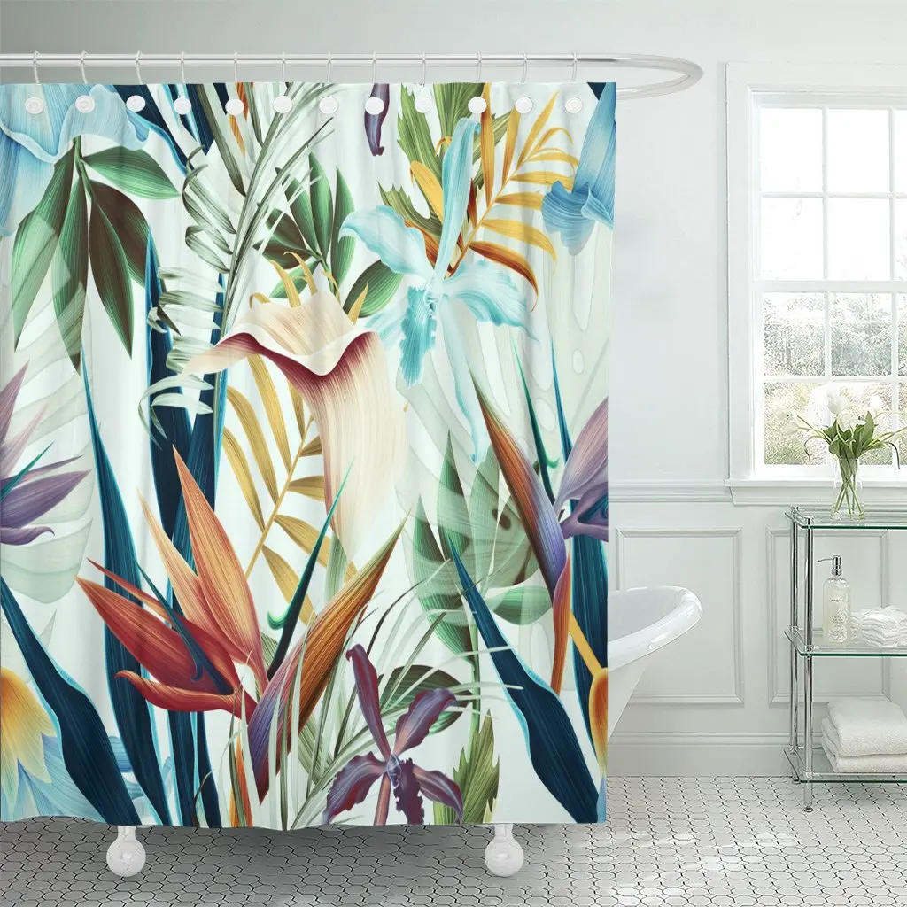 

Colorful Hawaii Tropical Flower Plant and Leaf Pattern Green Abstract Floral Shower Curtains Waterproof Polyester Fabric 72 x 72