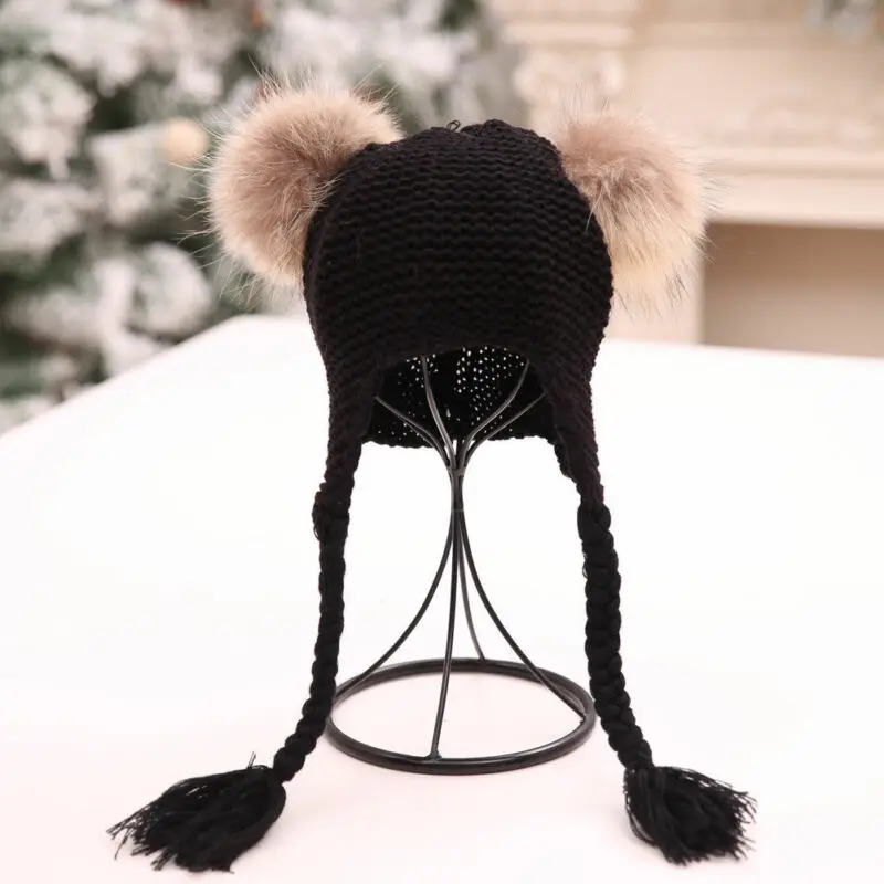 2019 Baby Accessories Fashion Kids Boy Girl Winter Warm Beanie Double Fur Pom Bobble Knit Hat Knitted Solid Cap Gifts | Детская одежда