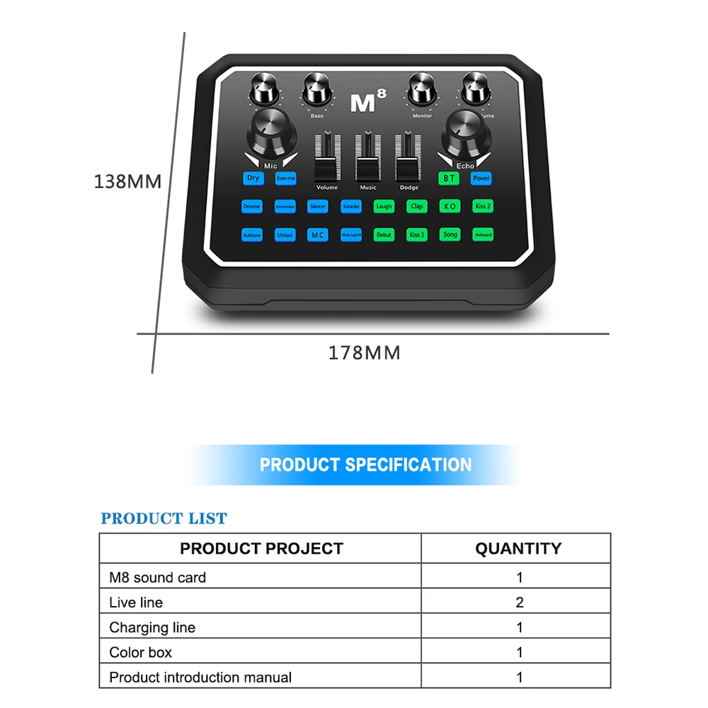 

Muslady M8 Sound Card Universal Audio Card BT Accompaniment Sound Adapter Multiple Sound Effect Microphone for Live Broadcast