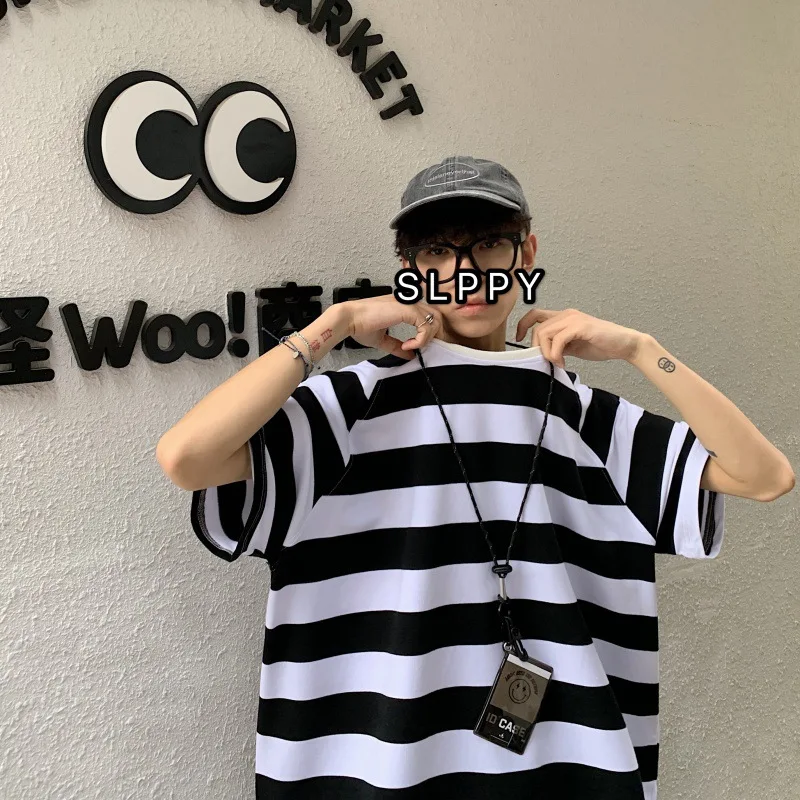 

20 Summer New Striped Short Sleeve T-shirt Korean Style Loose Hong Kong Style Couple Half Sleeve Casual Half Sleeve Men's Top