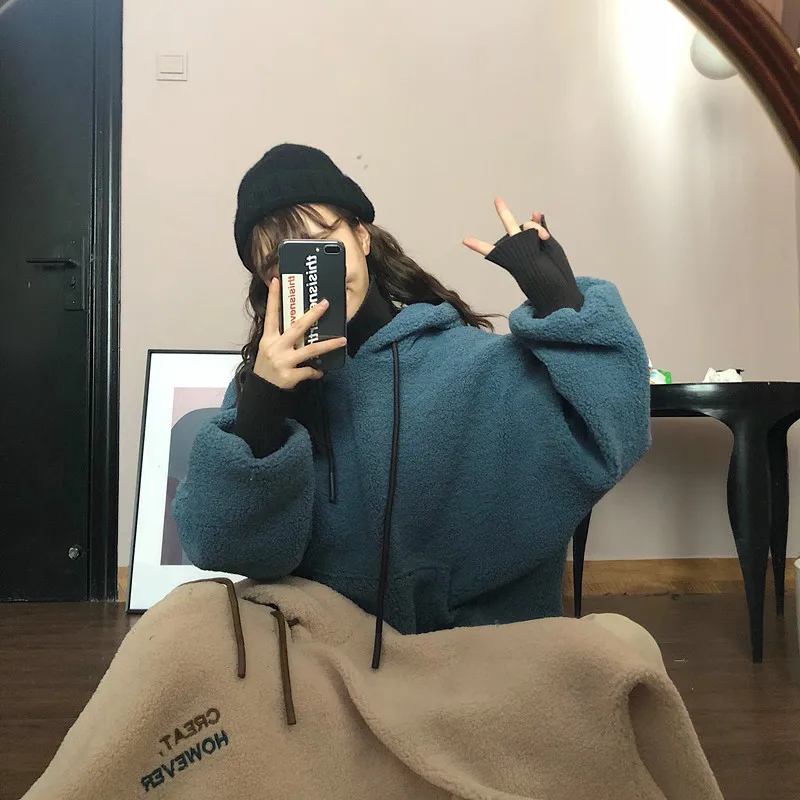 

Women Oversized Hoodie Sweatshirt 2020 Korean Fashion Female Casual Solid Harajuku Sweatshirt Artificial Lamb Cashmere Hoodies