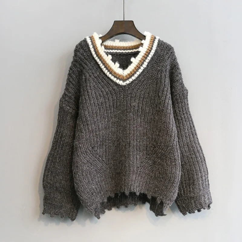 Свитер женский трикотажный в полоску однотонный с V-образным вырезом зимний 2021 |