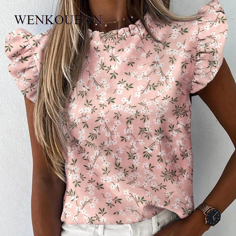 

Elegant Women Blouses Pineapple Print Ruffle Blouse Shirts Office Lady Tops Summer Short Sleeve Slim Blusas Mujer De Moda 2020