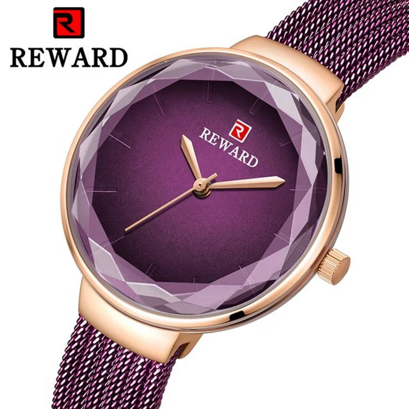

REWARD Luxury Fashion Watches Women Quartz Lady Watch Women's Stainless Steel Strap Wristwatch Ladies Diamond Patchwork Purple