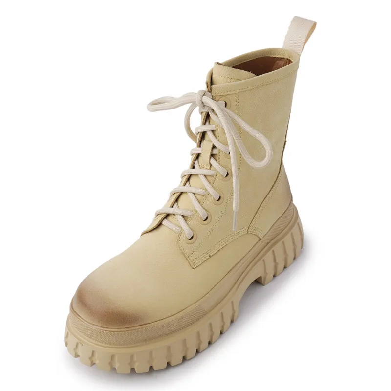 

Leather Platform Shoes for Women Boots Thick Heels Round Toe Martin Boots Lace Up Mixed Color Flat Botas Mujer De Zapatos Retro